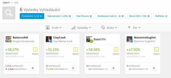 Výběr obchodníků ke kopírování obchodů na etoro