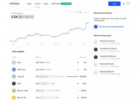 Zobrazení jednotlivých účtů u Coinbase (Portfolio)