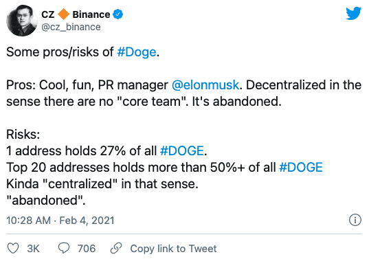 Twitt generálního řediele Binance to výhodách a nevýhodách Doge. Zdroj. Twitter.com