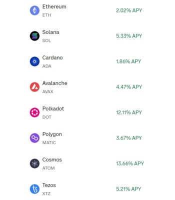 Vybrané PoS sítě a jejich roční APY na Coinbase