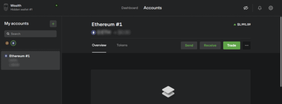 Úvodní obrazovka účtu Etherea