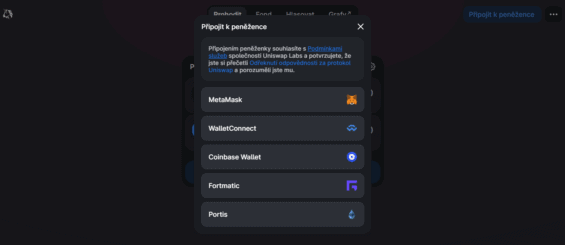 Možnosti v Uniswapu po kliknutí na "Připojit peněženku"
