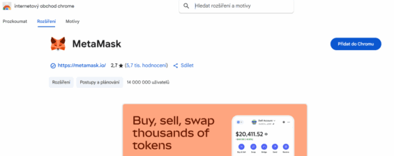 Stahovací stránka rozšíření MetaMask na Chrome Web Store