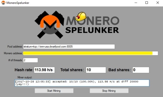 UI těžebího programu Monero Spelunker.