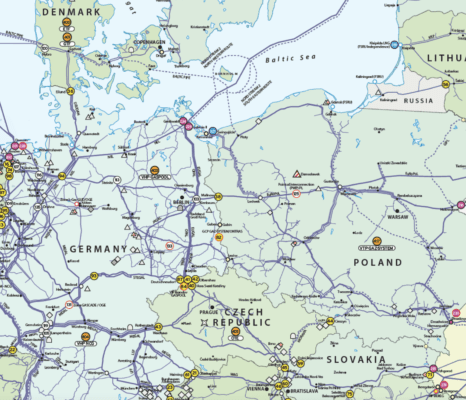 Mapa páteřní plynovodní sítě ve střední Evropě