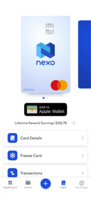 Rozhraní karty Nexo Card v aplikaci Nexo