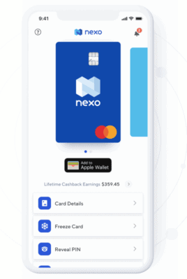 Rozhraní karty Nexo Card v aplikaci Nexo