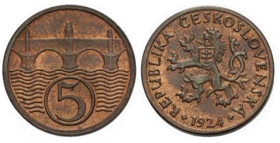 Mince pětihaléř z roku 1924