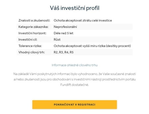 Registrace na crowdfundingové platformě Fundlift – krok 2. (výsledek investičního dotazníku)