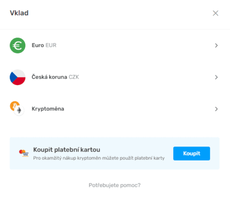 Možnosti vkladu na Kriptomatu