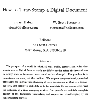 Abstrakt práce How to Time-Stamp a Digital Document, v níž se objevují první zmínky o blockchainu