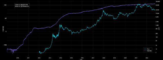 Korelace mezi cenou Bitcoinu (světle modrá) a mírou hashrate, tedy celkového těžebního výkonu sítě (fialová)