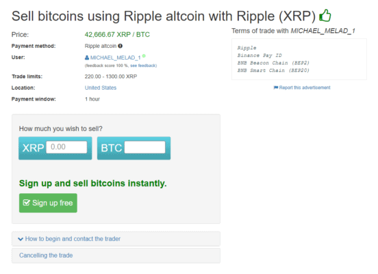 Příklad inzerátu na směnu bitcoinů za XRP na LocalBitcoins.com