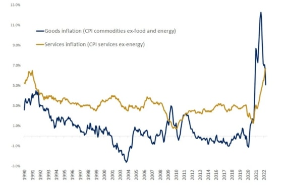 Graf ukazuje inflaci zboží (modrá) a služeb (žlutá), přičemž první z nich klesá a druhá se začíná stabilizovat