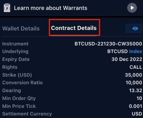 Náhled do detailu warrantu BTC/USD