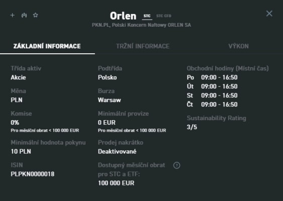 Detail akcií Orlen u XTB