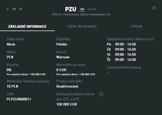 Detail akcií PZU u XTB