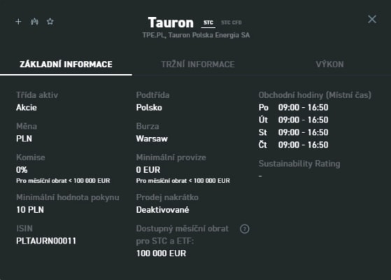 Detail akcií Tauron u XTB