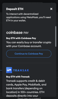 Možnost propojení MetaMask s Coinbase Pay v rozhraní peněženky