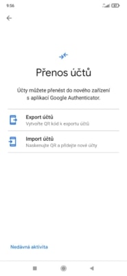 Import a export účtů v aplikaci Google Authenticator