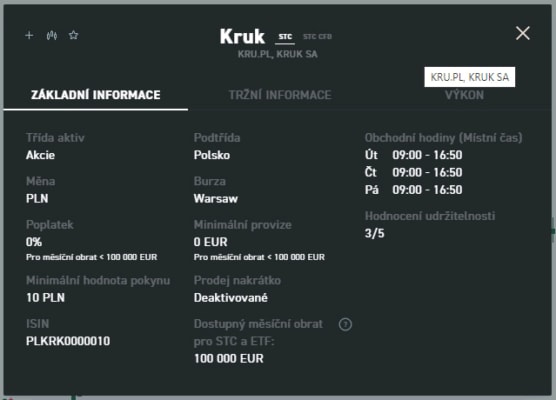 Detail akcií KRUK u XTB
