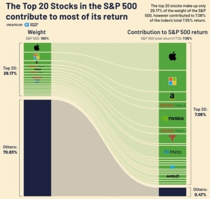 Top 20 akcií zastává pouhých 29,17 % z indexu S&P 500, ale mají na svědomí 7,08 % letošního růstu z 0,47 % 