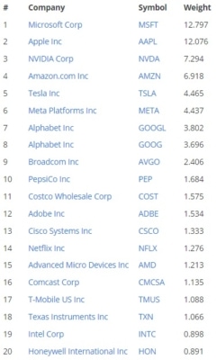 Přehled dvaceti nejdůležitějších společností v akciovém indexu NASDAQ