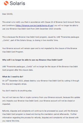 Výstřižek ze zaslaného emailu s informací ohledně ukončení Binance karty