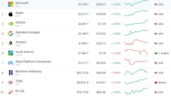 Z desítky největších firem dle tržní kapitalizace je hned 8 z USA