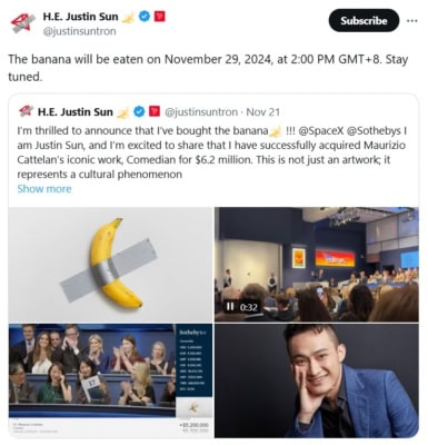 Justin Sun se rozhodl banán sníst