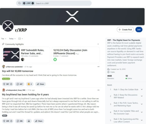Subreddit r/XRP má téměř půl milionu členů