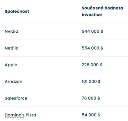 Jakou hodnotu by nyní mělo 1 000 investovaných dolarů do těchto společností v roce 2004?