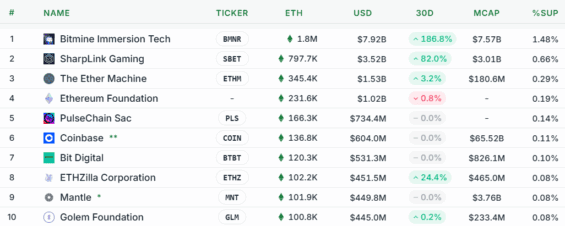Top 10 entit vlastnících nejvíce ETH