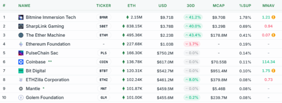 Top 10 entit vlastnících nejvíce ETH