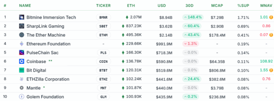 Top 10 entit vlastnících nejvíce ETH