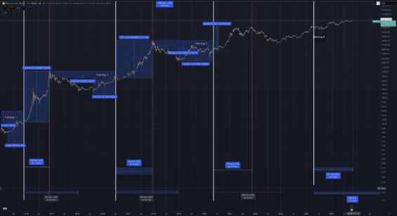 Graf opakujících se bitcoinových cyklů podle data halvingu