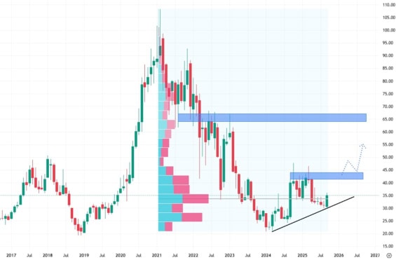 Měsíční akciový graf společnosti JD.com