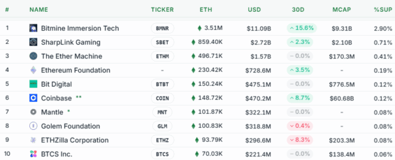 Top 10 entit vlastnících nejvíce ETH