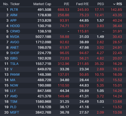 Porovnání valuace Palantiru s dalšími megacap společnostmi