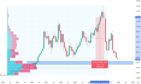 Měsíční akciový graf společnosti The Trade Desk