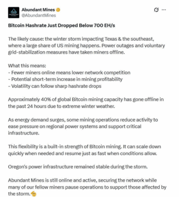 Abundant Mines příspěvek na X ohledně poklesu hashratu na BTC